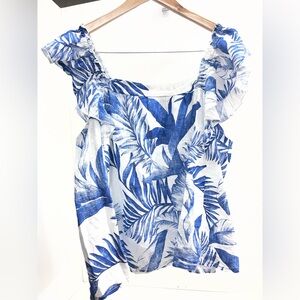 Kaktus Blue and White Tropical Ruffle Linen Blouse